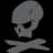 Gray pixelated skull and crossbones symbol on black background, rendered in low-resolution digital style.
