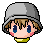 Pixel art contact sheet of three animated frames showing a chibi character with gray helmet, brown hair, blue eyes, and yellow collar on light gray background.