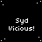 Black background with white pixelated stars and repeated 'Syd Vicious!' text in a pattern, one gray square visible on the right edge