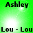 Green background with black text reading 'Ashley' and 'Lou - Lou', featuring bright white light effects that shift position across frames.