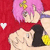 Pixelated anime-style character with pink hair and yellow flower accessory, kissing another character against red background with white heart symbol.