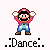 Pixel art contact sheet of Mario dancing frames with "..Dance.." text below each frame on white background.