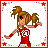 Pixel art of a female character in red and white outfit with pigtails, shown in multiple poses and text variations within a red-starred border.