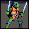 Pixel art character icons in a : green turtle with swords, green archer, pizza delivery boy, blue knight, red ninja