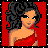 Pixel art contact sheet showing four frames of a female character in red top and flame-patterned jeans against solid red background with white dotted border.