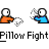 Animated contact sheet of 13 pixel art frames showing two stick figures fighting with pillows on a gray background, each frame depicting sequential motion from start to finish of the pillow fight.