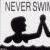 Animated sequence showing a of silhouetted figures holding hands above text reading "NEVER SWIM ALONE" and "unless the lifeguard's Hot" with red symbols appearing below