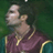 Pixelated static image of a person in profile wearing purple and teal clothing with gold trim against a dark green background.