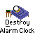 Pixelated animation of a figure interacting with an alarm clock on a bed, showing sequential actions like reaching for the clock and lying back down.