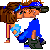 Pixelated cartoon of two characters kissing, one with brown hair and blue headband, the other in blue shirt and cap, on gray background.