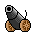 Pixel art contact sheet of a cannon animation showing firing sequence with smoke and flame effects across 12 frames on gray background.