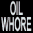 Pixelated image with bold white text 'OIL WHORE' on black background, right side shows partial American flag and a person's head.
