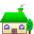 Pixelated house with green roof, brown door, two blue windows, and a tree, showing animation changes in smoke and tree position.