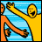 Two pixelated figures in orange and yellow embrace against a blue striped background, transitioning from separate poses to a single hug.