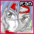 Pixelated anime-style icon with blue hair, red markings on forehead and chest, white face mask, black text 'FAN' in top-right corner.