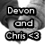 Black-and-white image of two hands clasped with text overlay reading "Devon and Chris <3" in pixelated font.