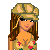 Pixel art character with brown hair, camouflage hat, floral top, and pants; two separate legs visible on white background.