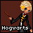 Pixel art of a blonde character in Hogwarts uniform holding a wand, with yellow star symbols appearing and changing above the head across frames.