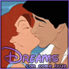 Animated sequence of two cartoon characters kissing, with 'Dreams can come true' text below.