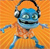 Blue cartoon character with large eyes and headphones stands against orange striped background, arms outstretched in a dancing pose.