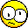 Pixelated yellow smiley face icon with asymmetrical eyes and a tilted mouth on gray background, rendered in 32x32 pixels with black outlines and orange gradient accents.