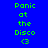 Blue background with green text reading 'Panic at the Disco' and a heart symbol, displayed in a of three and two with black horizontal bars
