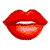 Pixelated red lips with a slightly open mouth showing white teeth and a pink tongue against a white background.
