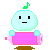 A 4-frame pixel art animation of a light blue spherical character with green accents, pink rectangular body, and brown base across two rows on a gray background.