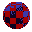 A circular pixelated animation of a red and blue patterned sphere with shifting dark blue sections