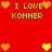 Red background with green text "I LOVE KONNER" and heart symbols in orange and yellow pixel art style.