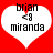 Two identical heart-shaped icons with red borders and white interiors display text 'brian <3 miranda' in black pixelated font against a solid red background.