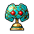 Pixel art of a teal and brown tree-like figure with two red circular eyes on a gray background.
