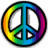 Two side-by-side peace symbols with rainbow gradient borders, one displaying blue text over the right symbol.