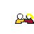 Pixelated animation of two figures shaking hands, with one figure's hair changing color and a third figure appearing in later frames.
