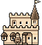Pixelated castle with brown conical tower, crenellated walls, and flag; two figures in front of arched entrance.