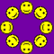 Yellow pixelated smiley faces with varied expressions scattered across a solid purple background.