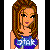 Animated contact sheet showing a pixelated cartoon woman with brown braided hair wearing a blue top, surrounded by fragmented text and blue/black geometric shapes across multiple frames.
