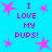 Bright cyan background with pink star shapes and repeated purple text "I LOVE MY PUPS!" in pixelated font.
