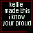 Four identical black square with red borders display white pixelated text reading "kellie made this i know your proud" with one containing a red heart and another a red starburst symbol