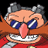 Pixelated character face with gray hair, blue eyes, orange skin tone, large pink nose, and wide grin showing white teeth against black background.