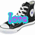 Black high-top sneakers with white laces and rubber soles, one view showing a cyan 'love' text overlay.