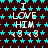 A static pixel art image with a dark brown background covered in light blue stars, displaying repeated text "I LOVE HIM" and heart symbols in white and light blue.