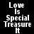 Pixelated text 'Love Is Special Treasure It' appears in white on black background with pink rectangular overlays shifting across the text.