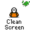 Animated contact sheet showing 17 frames of a cartoon character in orange outfit with white head, performing actions against gray background with green splatters and "Clean Screen" text.