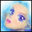 Pixelated anime-style face with light blue hair, purple eyes, and pink lips against a blue gradient background, next to black with white text