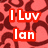 Pixelated red and white text "I Luv Ian" on a pinkish-red floral background with dark red patterns.