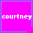 Four identical pink squares with cyan borders, each containing white text 'courtney' and a small cyan symbol in the bottom-right corner.