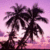 Pixelated static image of two palm trees against a gradient sky transitioning from light pink to deep purple.