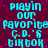 Cyan text on dark purple background repeats 'playin our favorite C.D.'s tiktok' in a pattern with scattered pink dots