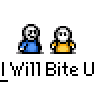 Animated contact sheet of pixel art buddy icons showing a sequence where two characters interact, with text "I WILL BITE U" repeated below each frame set.